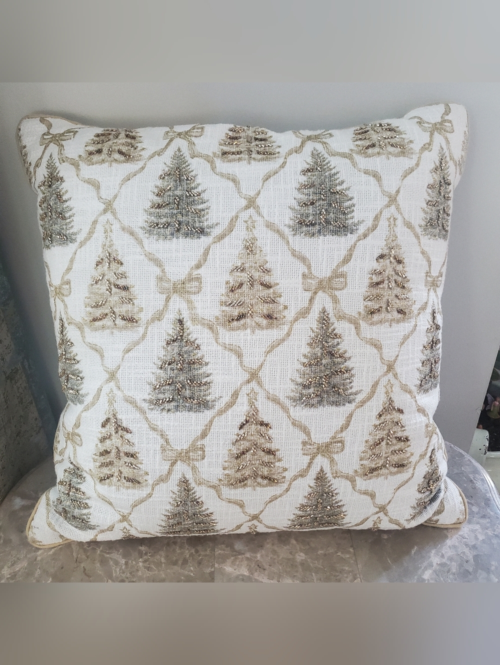Beaded Gold Christmas Tree Pillow 19"x19" New